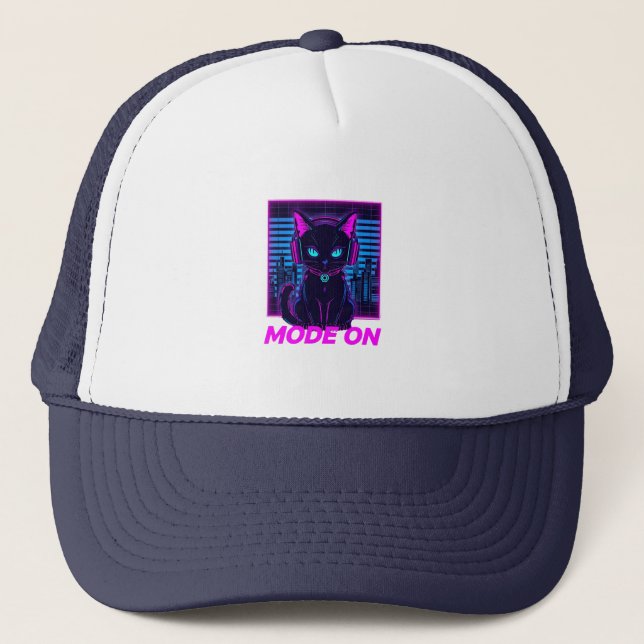 Casquette Neon Cat Mode ON - Cyberpunk Gamer Cat Sweat - shi (Devant)