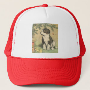 Casquette Noël Vintage, Joli Chiot Sous Arbre De Noël