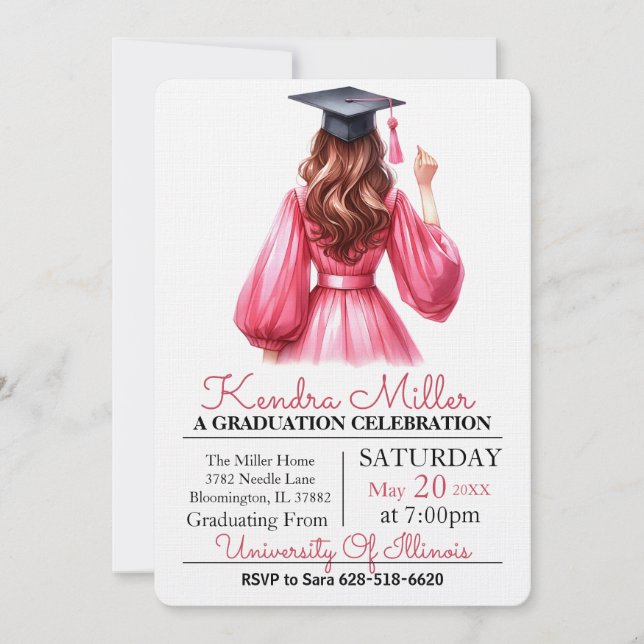 Casquette noir & Gown Aquarelle Invitation de grad (Devant)