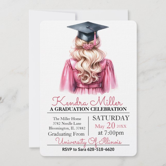 Casquette noir & Gown Aquarelle Invitation de grad (Devant)