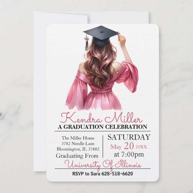 Casquette noir & Gown Aquarelle Invitation de grad (Devant)