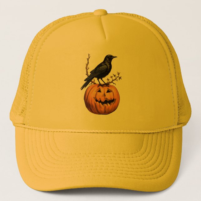 Casquette Noir orange Halloween citrouille oiseau Trucker Ch (Devant)