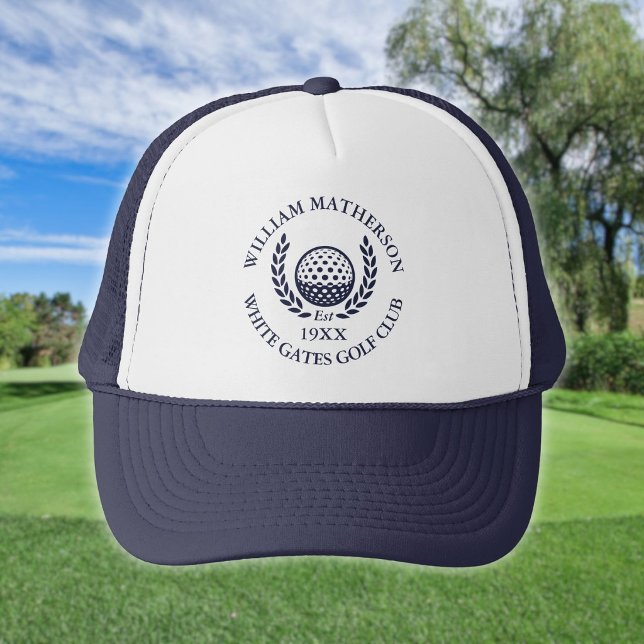Casquette Nom de golf personnalisé Bleu marine (Personalized Golf Club Name Navy Blue Trucker Hat)