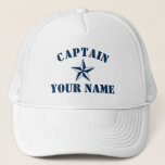 Casquette Nom du capitaine de bateau vedette nautique voile<br><div class="desc">Nom du capitaine de bateau vedette nautique voile yachting Trucker Hat. Modèle de typographie en gras pour le nom ou la citation. Faites votre propre casquette personnalisé pour la navigation de plaisance. Symbole maritime bleu marine avec texte personnalisé. Anniversaire cool ou idée cadeau de Fête des pères pour les hommes....</div>