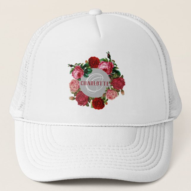 Casquette Nom du monogramme du modèle floral personnalisé (Devant)