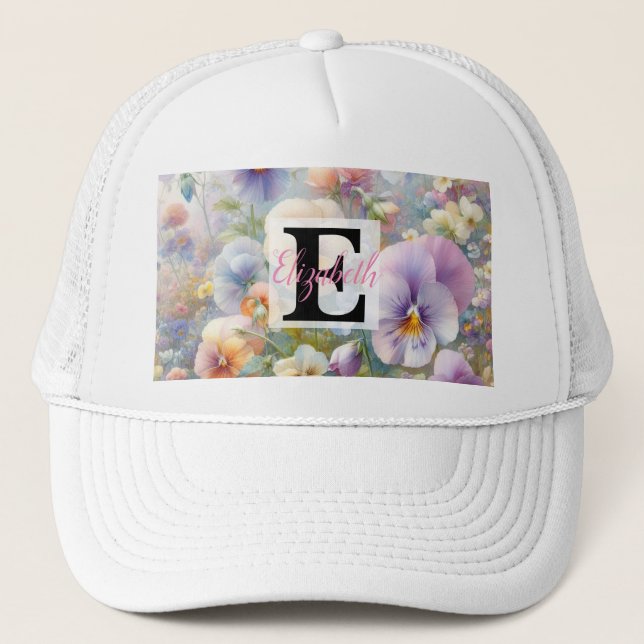 Casquette Nom du monogramme sur l'aquarelle Fleurs dans les  (Devant)