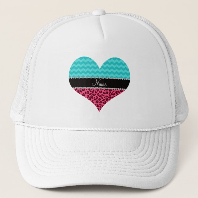 Casquette Nom léopard rose chevrons turquoise (Devant)