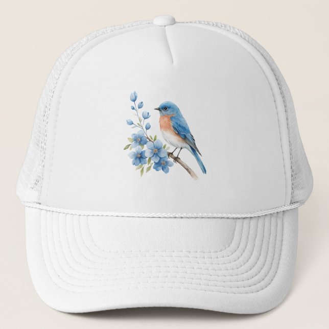 Casquette Oiseau bleu avec des fleurs bleues (Devant)