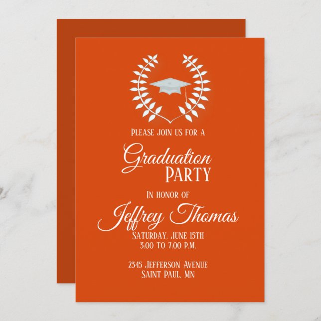 Casquette orange et Feuille Grad Invitation 5" x 7 (Devant / Derrière)