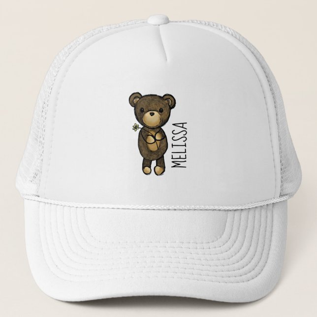Casquette Ours Brown mignon tenant une Fleur Jaune (Devant)