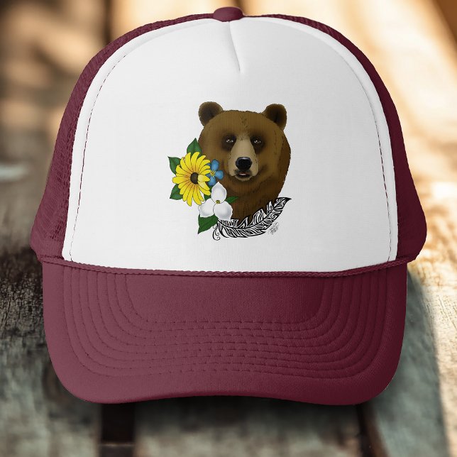 Casquette Ours Brun Fleurs Bleues Plume Faune (Créateur téléchargé)