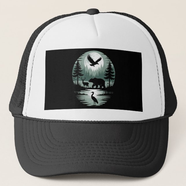 Casquette Ours Cerf Aigle Lune Forêt Silhouette (Devant)