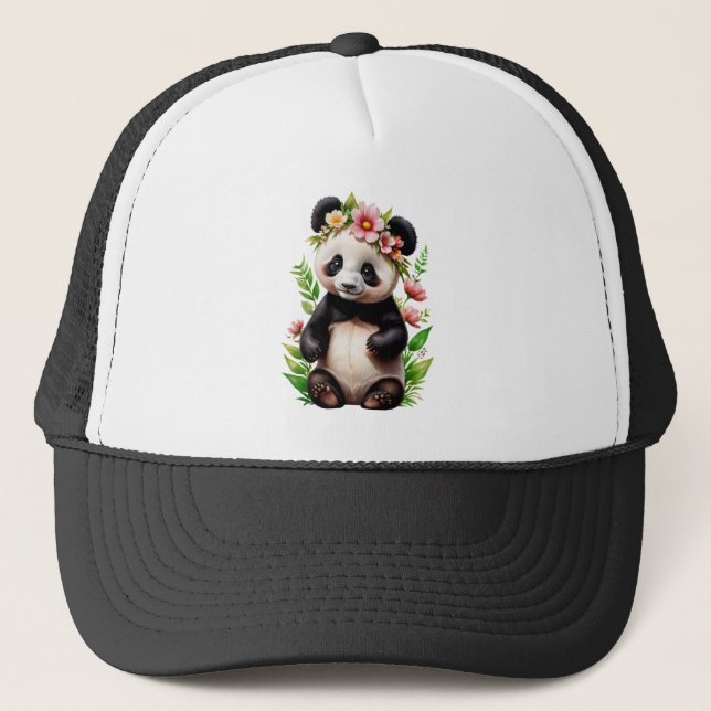 Casquette Ours De Panda Transparent Avec Fleurs (Devant)
