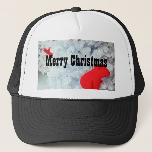 Casquette Ours en peluche rouge dans l'arbre de Noël (Devant)