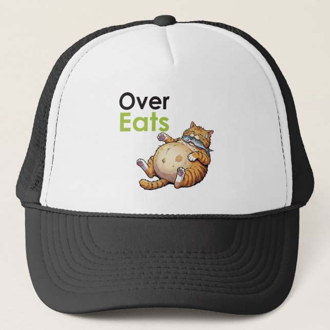 Casquette Over Eats - Funny Fat Cat Eating Fish Cartoon (Devant)