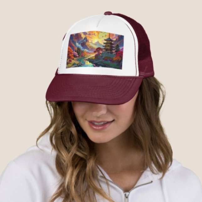 Casquette Pagode et paysage coloré  (Pagoda Landscape Trucker Hat   Adjust from 17" to 24" 100% polyester foam front 100% nylon mesh back)