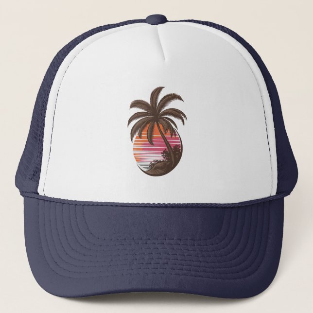 Casquette Palm Tree - Style rétro Coucher de soleil sur la p (Devant)