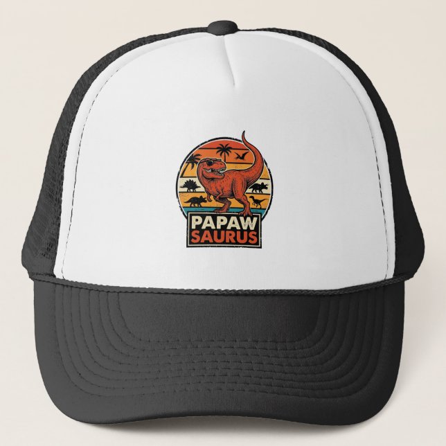 Casquette Papawsaurus Rétro Dinosaure Coucher de Soleil Desi (Devant)