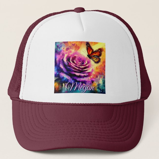 Casquette Papillon Monarque sur Rose au Coucher de Soleil Pe (Devant)