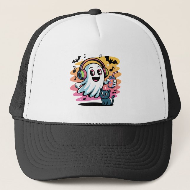 Casquette Party Ghost with Cat Cute Halloween Cartoon (Devant)