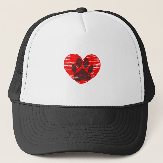 Casquette Paw Chien Croquis Dans Le Coeur Rouge (Devant)