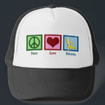 Casquette Peace Love Bananas<br><div class="desc">J'adore manger des fruits, surtout des bananes jaunes délicieuses.</div>