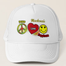 Peace Love Happiness Symboles avec nom sur JAUNE