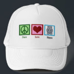 Casquette Peace Love Hippopotame<br><div class="desc">Un signe de paix, un coeur, et un hippo mignon sur un casquette amusant pour une équipe de mascotte d'hippopotames. J'adore les animaux adorables, bavards. Peace Love Hippos casquette.</div>