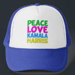 Casquette Peace Love Kamala Harris<br><div class="desc">Cute Peace Love Kamala Harris casquette pour un démocrate progressiste qui aime les desseins politiques amusants et colorés. Vote pour Kamala à la présidence à l'élection de 2024. Un design libéral amusant dans des couleurs vives.</div>