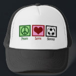 Casquette Peace Love Soccer<br><div class="desc">Les supporters de football et les footballeurs se sont rassemblés pour assister à la coupe du monde extraordinaire 2010. Que vous soyez une mère de football ou un professionnel du football, vous aimerez ce design. Peace Love Soccer.</div>