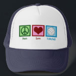 Casquette Peace Love Volley<br><div class="desc">Un signe de paix, un coeur, et un joli volley sur un carré bleu. J'adore le volley, la plage, l'intérieur, vous le nommez !</div>
