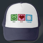 Casquette Peace Love Volley<br><div class="desc">Un signe de paix,  un coeur,  et un joli volley sur un carré bleu. J'adore le volley,  la plage,  l'intérieur,  vous le nommez !</div>