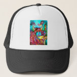 Casquette PEACOCKS IN LOVE MONOGRAM rouge bleu turquase vert<br><div class="desc">Elégante peinture à l'aquarelle fantaisie avec feuille d'or et d'argent.</div>