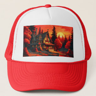 Casquette Peinture coucher de soleil avec chalet et lac-6663