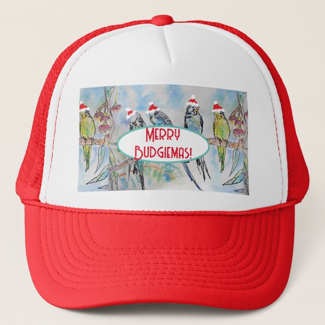 Casquette Père Noël Budgie Noël aquarelle peinture oiseau (Devant)