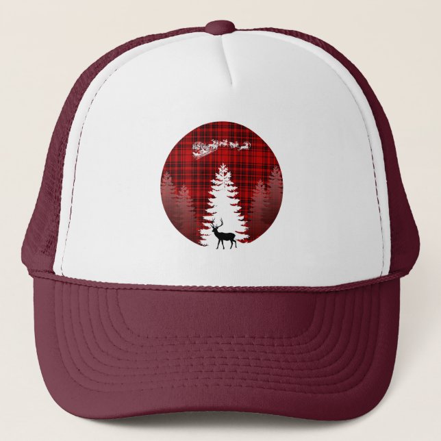 Casquette père Noël cerf de Noël arbre rouge à damiers plaid (Devant)