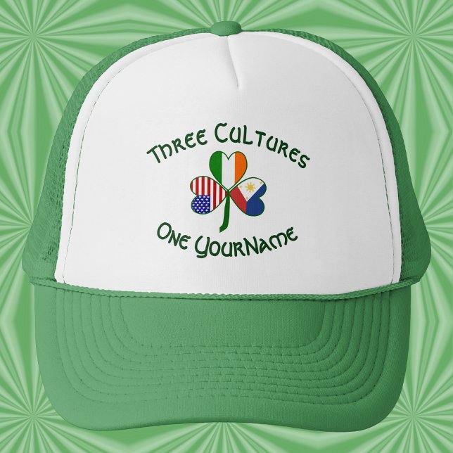 Casquette Personalized Philippines Ireland USA Flag Shamrock (Trucker hat with a personalized Philippines‑Ireland‑USA Three Cultures shamrock.)