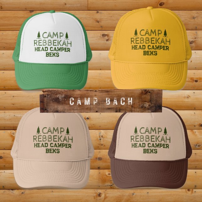Casquette Personnalisé Rustic Retro Camp Bachelorette Vert (Camp Bach Personalized Trucker Hats with Forest Green)