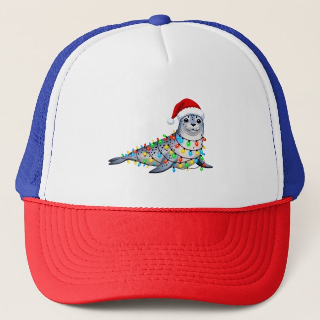 Casquette Phoque de fête recouvert de lumières de Noël (Devant)