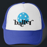 Casquette Pickle Baller Funny Blue<br><div class="desc">Chapeau de camionneur bleu et cyan mariné avec des couleurs claires et modifiables icône de pickleball et "baller" dans une police de bloc serif branché,  parfait pour le joueur de pickleball.</div>