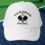 Casquette Pickleball Club Team Name India Indian Flag Custom<br><div class="desc">Stand out on the pickleball court with this stylish hat featuring crossed pickleball paddles, the flag of India, and your custom text. Personalize it easily to include your club name, team name, city, or any wording of your choice. You can also change the font and paddle colors - just click...</div>