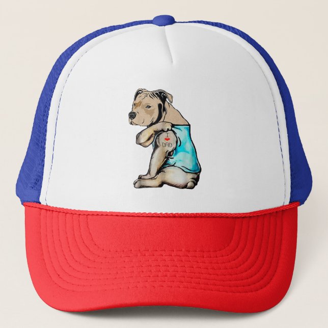 Casquette Pitbull Chien I Love Papa Tattoo drôle Famille (Devant)