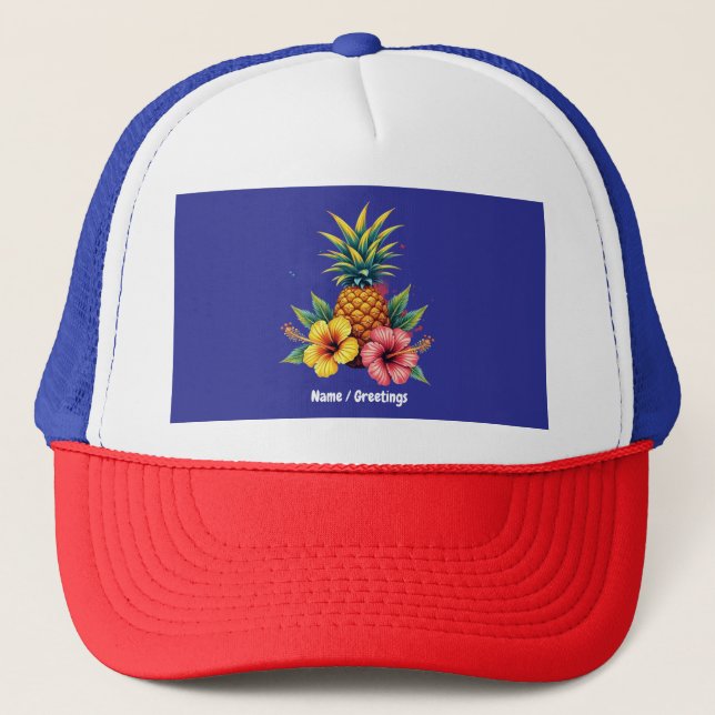 Casquette Plage d'été Hawaii Floral d'Ananas et Hibiscus (Devant)