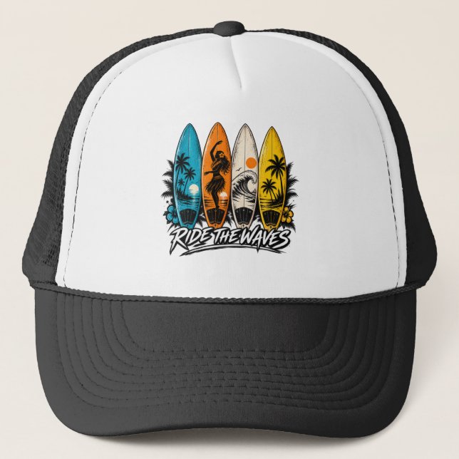 Casquette Planches de surf rétro chevauchent les vagues Conc (Devant)