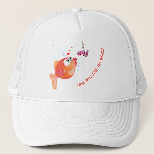 Casquette Poisson amusant et vers amour Romantique Trucker C (Devant)