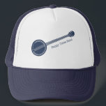 Casquette Pour les joueurs de Banjo message personnalisé ble<br><div class="desc">Ajoutez le nom de votre groupe bluegrass,  votre propre slogan amusant ou le nom de votre joueur de banjo préféré pour créer un casquette d'une gentillesse. Ce casquette présente une illustration d'un banjo en bleu marine avec votre propre message écrit en lettres bleues coordonnées.</div>