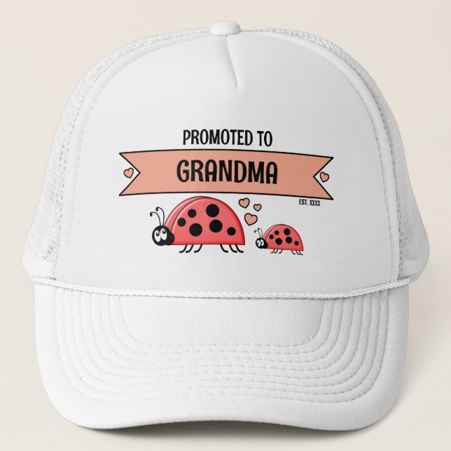 Casquette Promoted to Grandma ladybugs white peach (Devant)