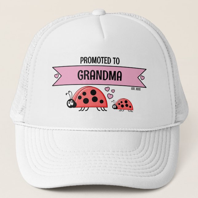 Casquette Promoted to Grandma ladybugs white pink (Devant)