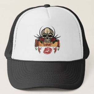 Casquette RAB Rockabilly Crâne Roses Amour Rouge à lèvres