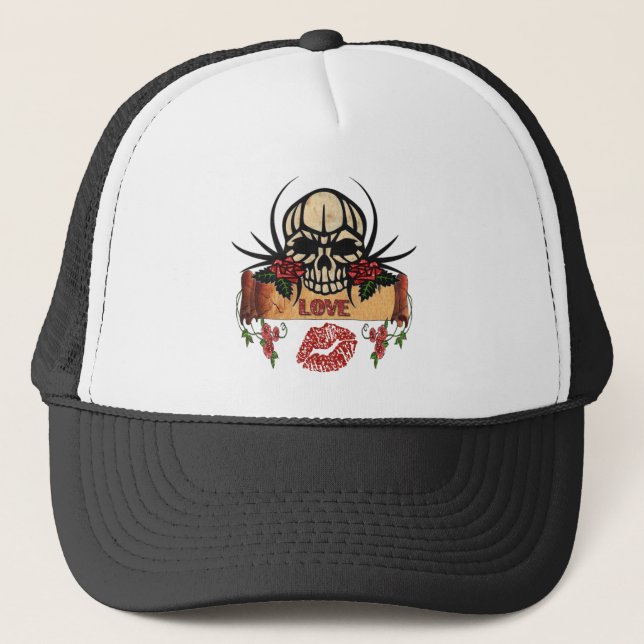 Casquette RAB Rockabilly Crâne Roses Amour Rouge à lèvres (Devant)
